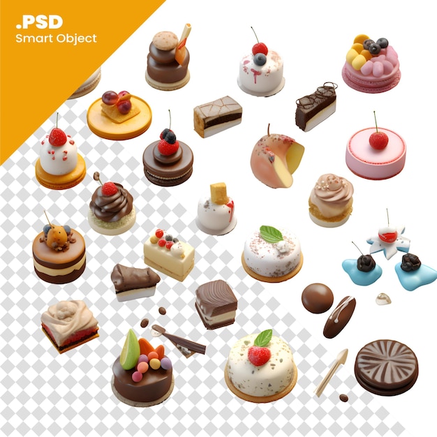 PSD Коллекция различных видов тортов на белом фоне. psd шаблон 3d иллюстрации