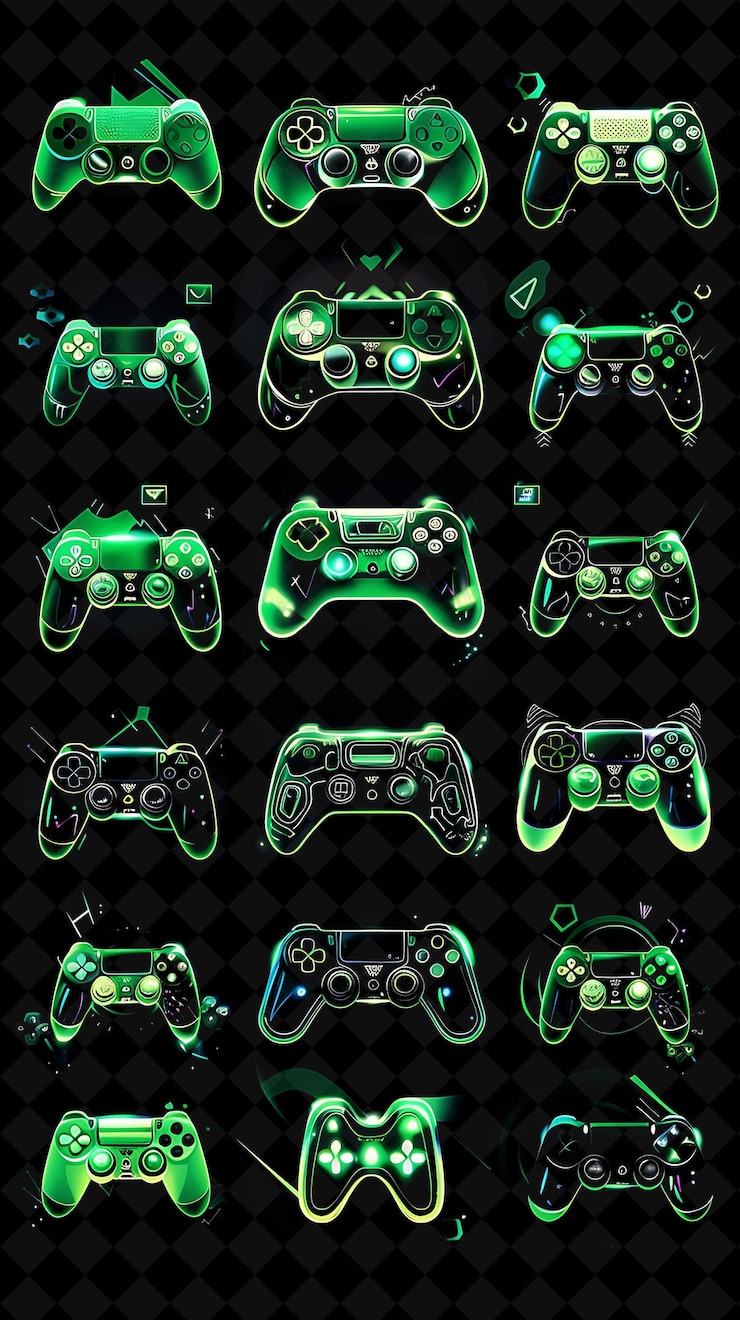 PSD collection of game controller icons with pulsating neon glow creative set neon color y2k collection