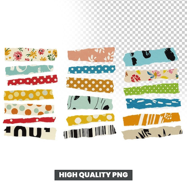 Collection of patterned washi tape strips in various colors and designs on a transparent background