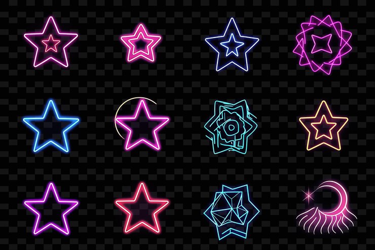 PSD collection of star icons with gentle neon effect in outline set png iconic y2k shape art decorative