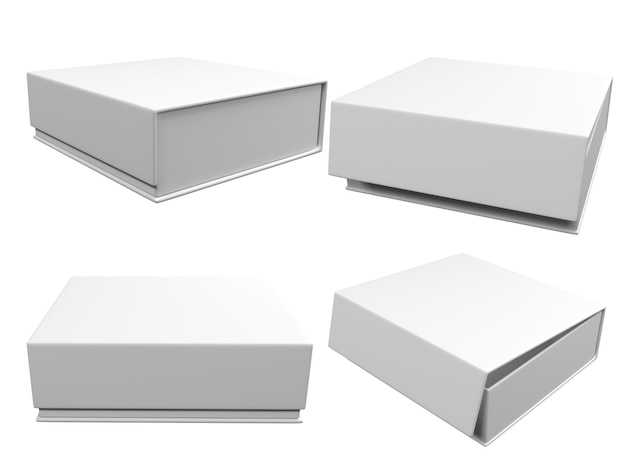 Collection of various angles of blank white boxes for packaging and product presentation
