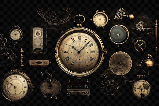 A collection of old clocks including a clock and a clock face