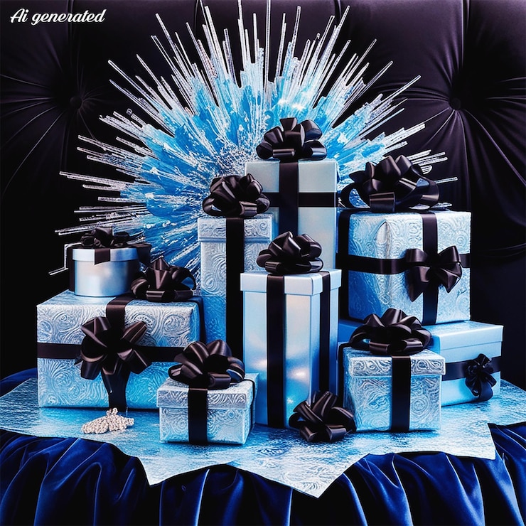 PSD a collection of presents including a blue ribbon and a ribbon with black bows