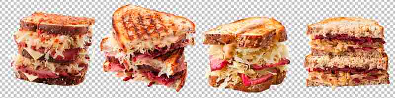 PSD collection reuben sandwich with sauerkraut and russian dressing isolated on transparent background
