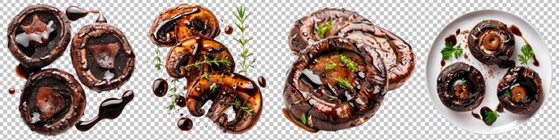 Collection roasted portobello mushrooms with balsamic glaze isolated on transparent background