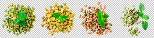 PSD collection salted pistachios mound with sprig of mint isolated on transparent background