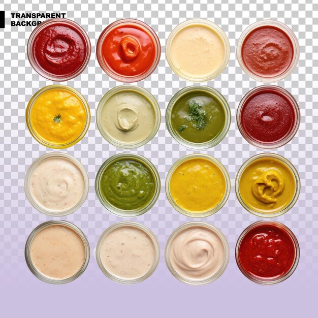 Collection of sauces and condiments on transparent background