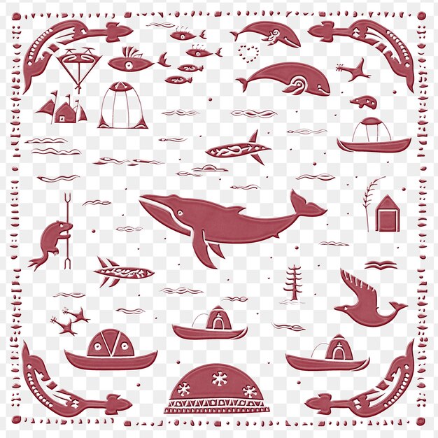 A collection of sea animals and a ship with a red background
