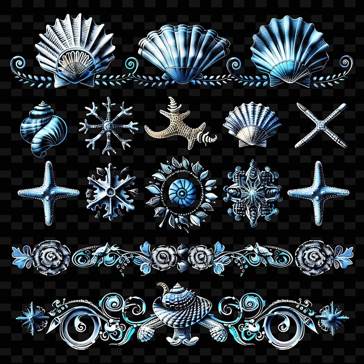 PSD a collection of sea shells and seashells with a black background