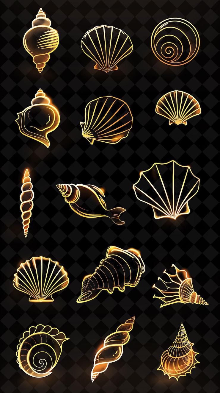 PSD a collection of sea shells with a gold design on a black background