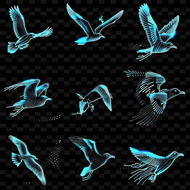 PSD collection of seagull icons with shimmering radiance and ga set png iconic y2k shape art decorativem