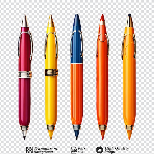 PSD collection set of ballpoint pens isolated on transparent background