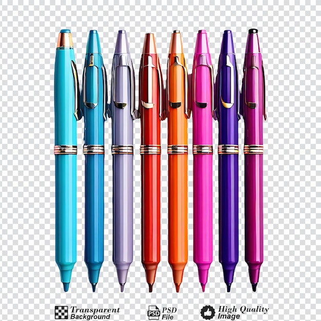 PSD collection set of ballpoint pens isolated on transparent background