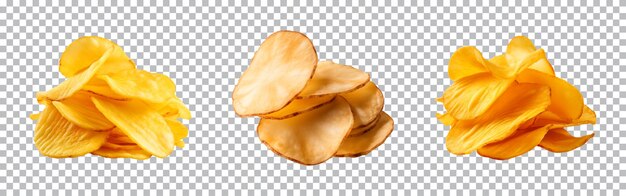 Collection set of crispy potato chips isolated on a transparent background cut out