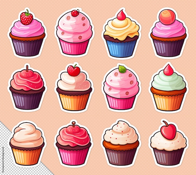 PSD collection set of cupcakes stickers isolated on clean background