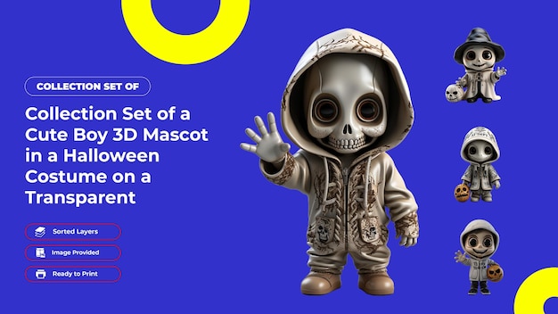 Collection set of a cute boy 3d mascot in a halloween costume on a transparent background