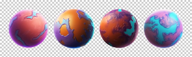 PSD collection set of fictional 3d cartoon planets isolated on transparent background png psd