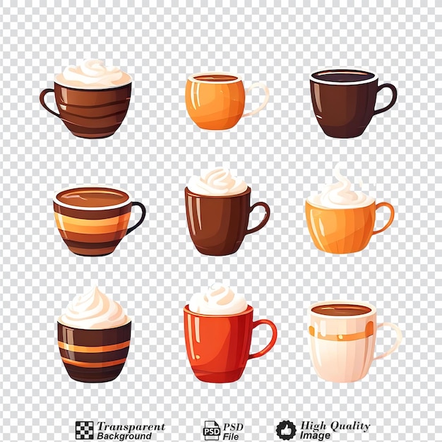 PSD collection set of hot cocoa cups isolated on transparent background