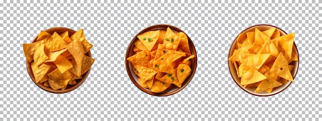 Collection set of nacho chips in a bowl isolated on a transparent background top view