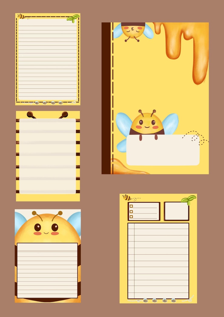 PSD collection set of notebooks or diaries 4 blank pages and covers with cute bee illustrations