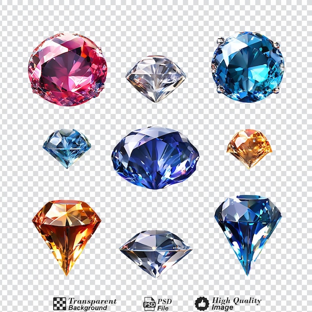 PSD Набор цветных бриллиантов, выделенных на прозрачном фоне