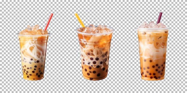 Collection set a plastic cup of iced bubble tea boba on a transparent background