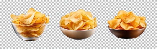 PSD collection set of potato chips in a bowl isolated on a transparent background