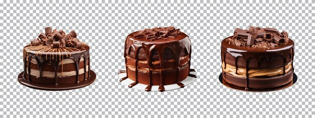 PSD set di collezione di dolci e gustose torte al cioccolato isolate su uno sfondo trasparente tagliato fuori