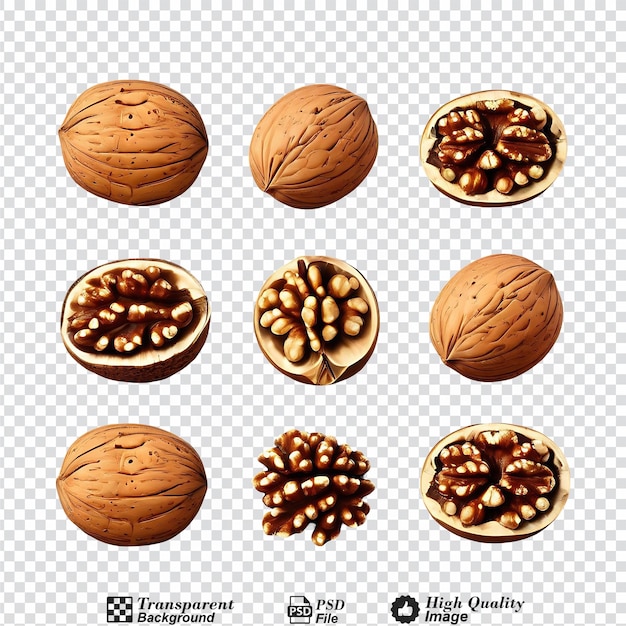 PSD collection set of walnuts isolated on transparent background