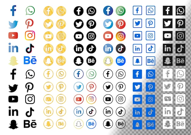 PSD collection of social media icons with gradients and gold