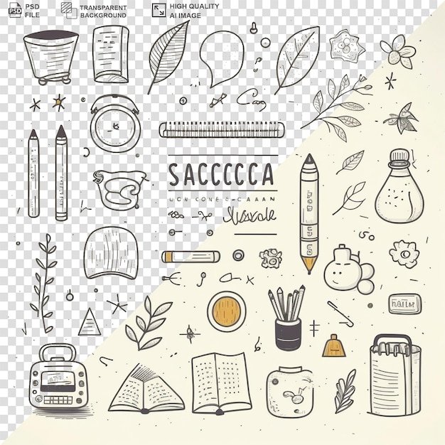 Collection of stationery supplies doodles transparent background