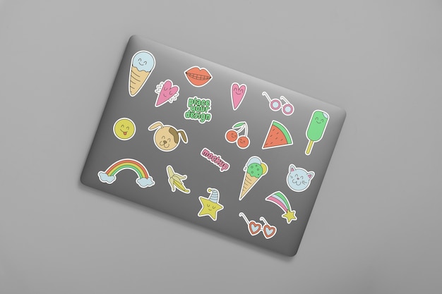 PSD collection of stickers on laptop computer