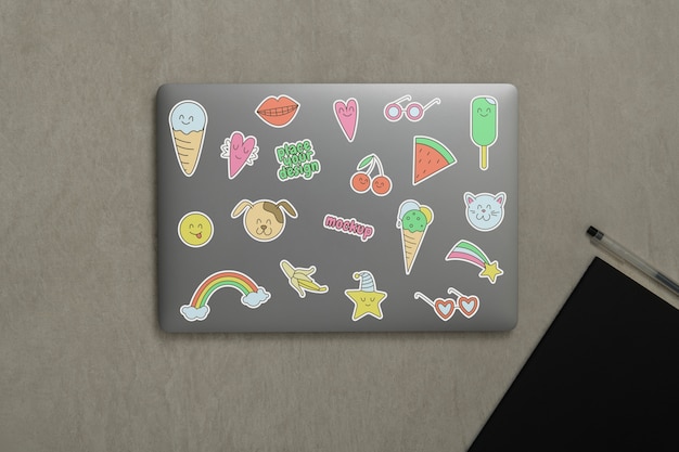 PSD collection of stickers on laptop computer