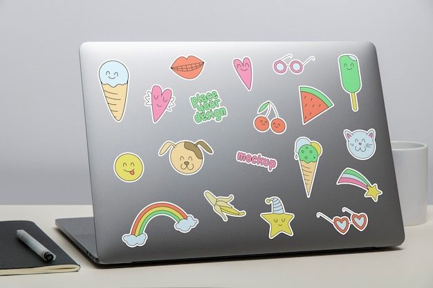 PSD collection of stickers on laptop computer