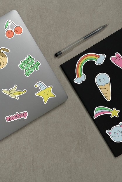 Collection of stickers on laptop computer