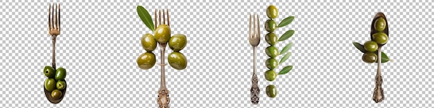 Коллекция сочных зеленых оливков с винтовой оливковой вилкой, изолированной на прозрачном фоне