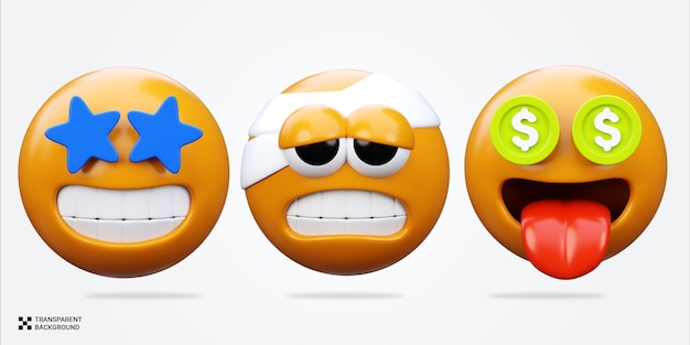 Collection of three 3D rendered emoji faces with different expressions