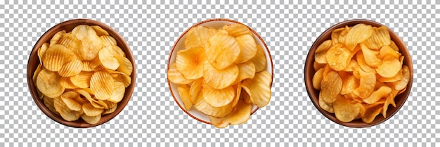 PSD collection of topview crispy potato chips in a bowl isolated on a transparent background