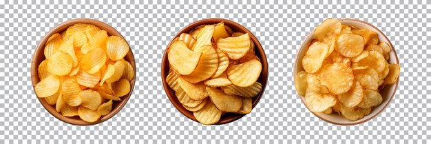 PSD collection of topview crispy potato chips in a bowl isolated on a transparent background