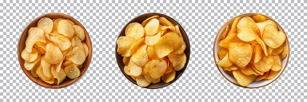 PSD collection of topview crispy potato chips in a bowl isolated on a transparent background