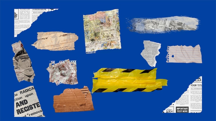 PSD collection of torn newspaper fragments on blue