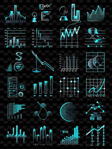 PSD collection of trade analysis icons with flickering glow in set png iconic y2k shape art decoratived