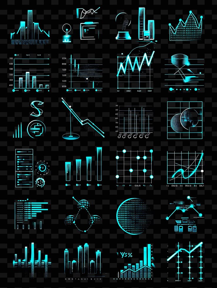 PSD collection of trade analysis icons with flickering glow in set png iconic y2k shape art decoratived