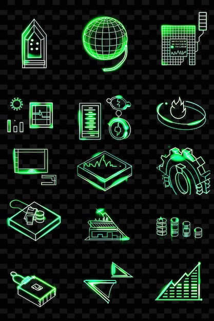 PSD collection of trading indicators icons with flickering neon set png iconic y2k shape art decorative