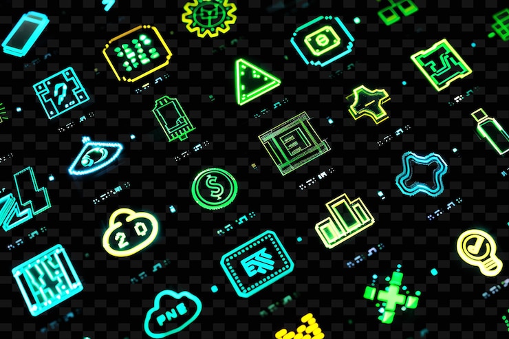 PSD collection of trading signals icons with flickering neon ef set png iconic y2k shape art decorativef