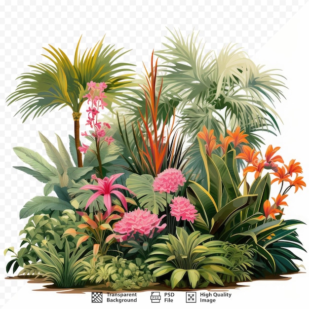 PSD una collezione di piante e fiori tropicali del giardino.