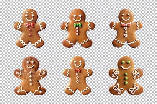 PSD collection of various gingerbread men cookies isolated on transparent background