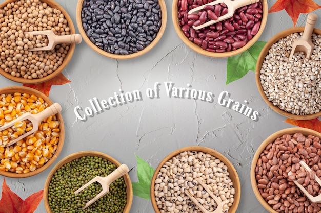 collection of various grains in bowls on surface white color background.