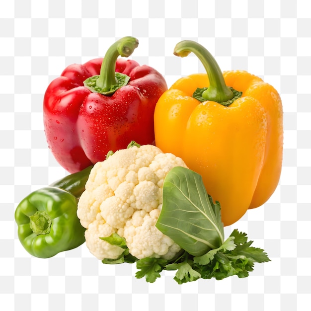 A collection of various vegetables placed on a transparent background