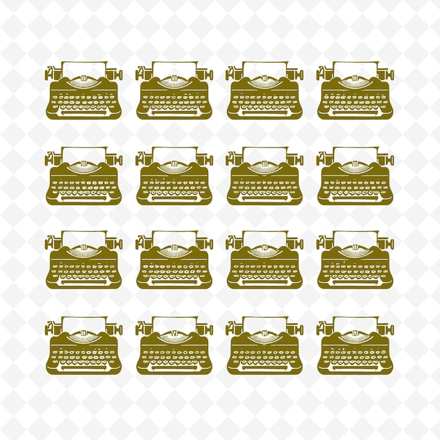 A collection of vintage typewriters with a gold ribbon on the top